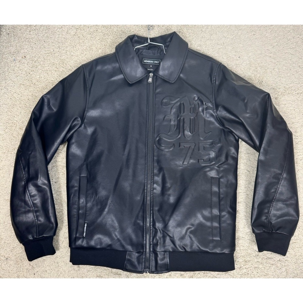 Members Only Mens Black Faux Leather Embossed Varsity Jacket Size M Lined Sporty - Picture 8 of 13